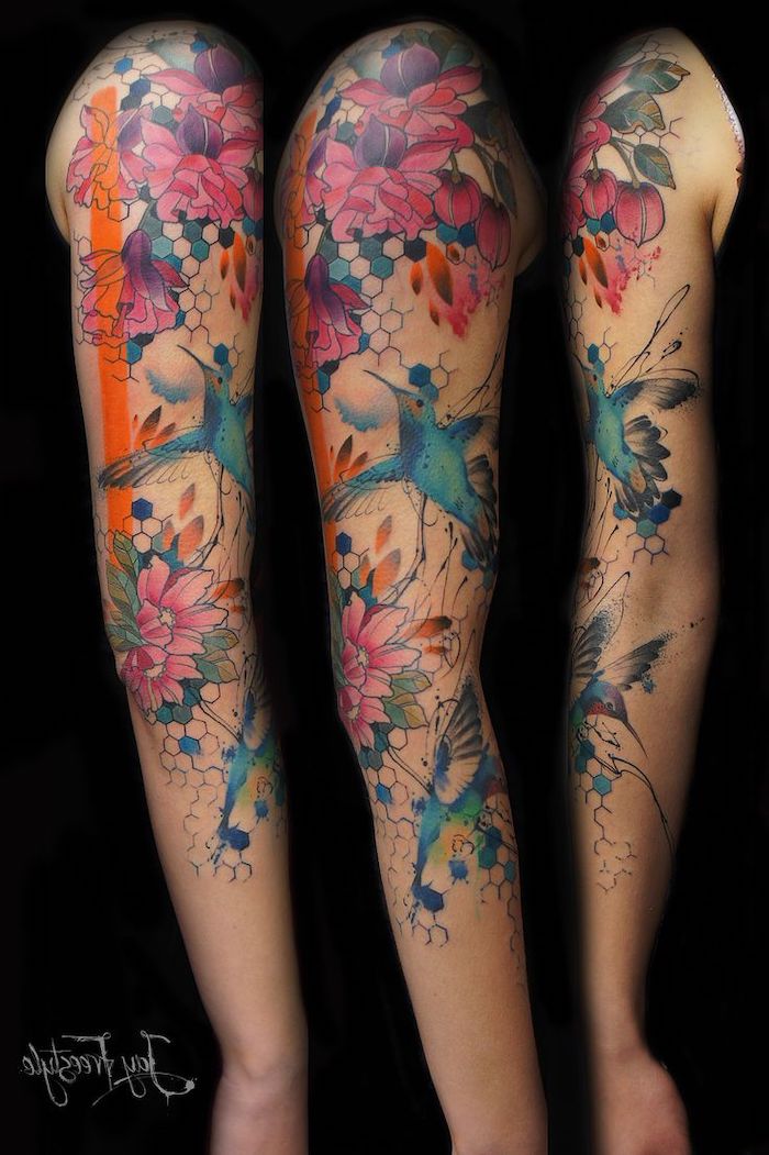 watercolour tattoo, hummingbird and flowers, black background, half sleeve tattoos for women