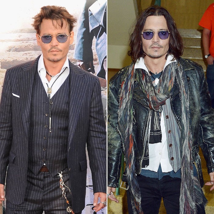 haircuts for men with thick hair, johnny depp, side by side photos, with short and long hair