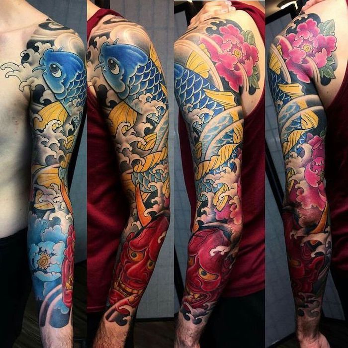 lion tattoo sleeve, koi fish, coloured japanese tattoo, red top