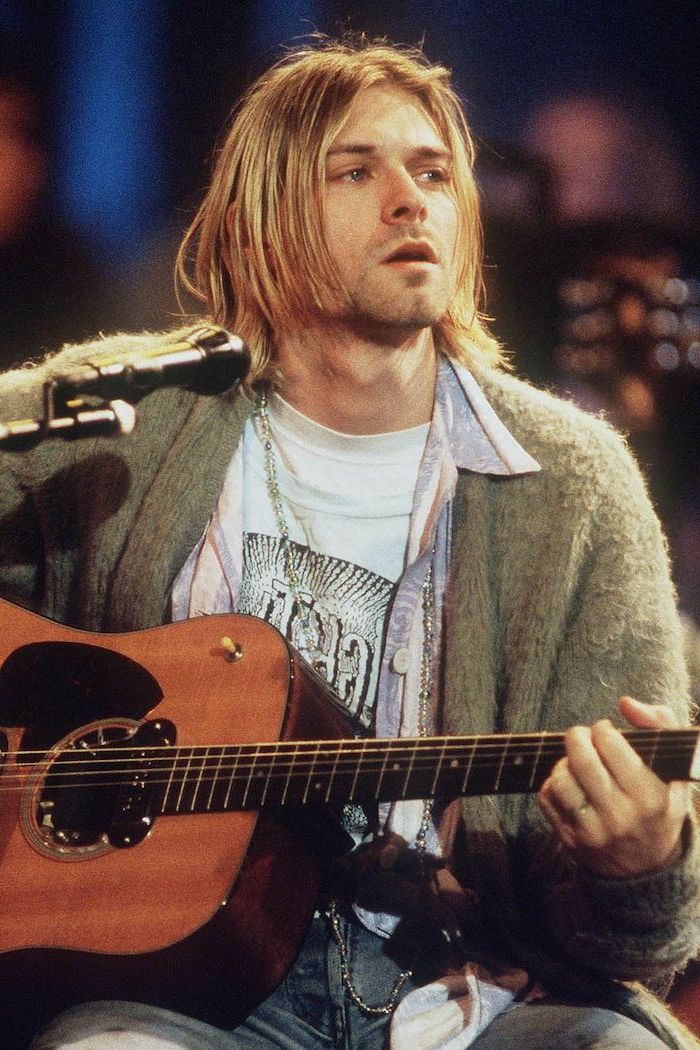 kurt cobain, playing the guitar, hairstyles for men, grey, cardigan, blonde hair, white shirt