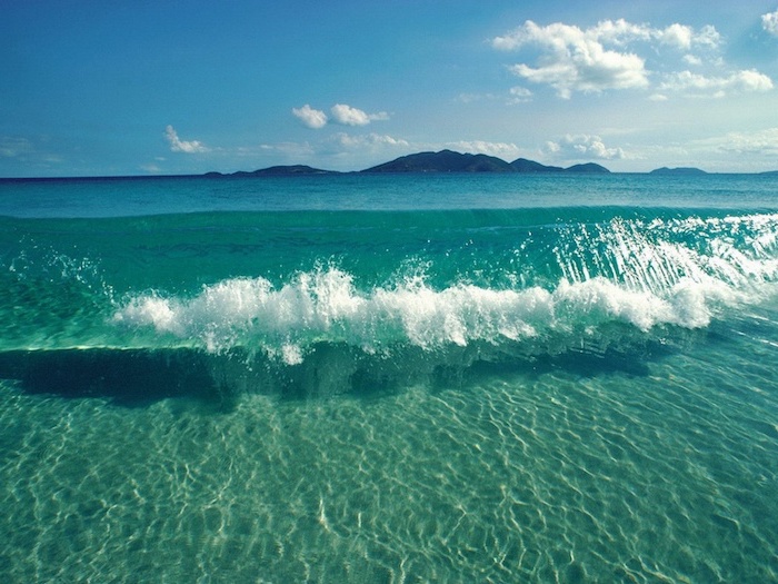 ocean wave, blue sky, island in the background, cool wallpapers