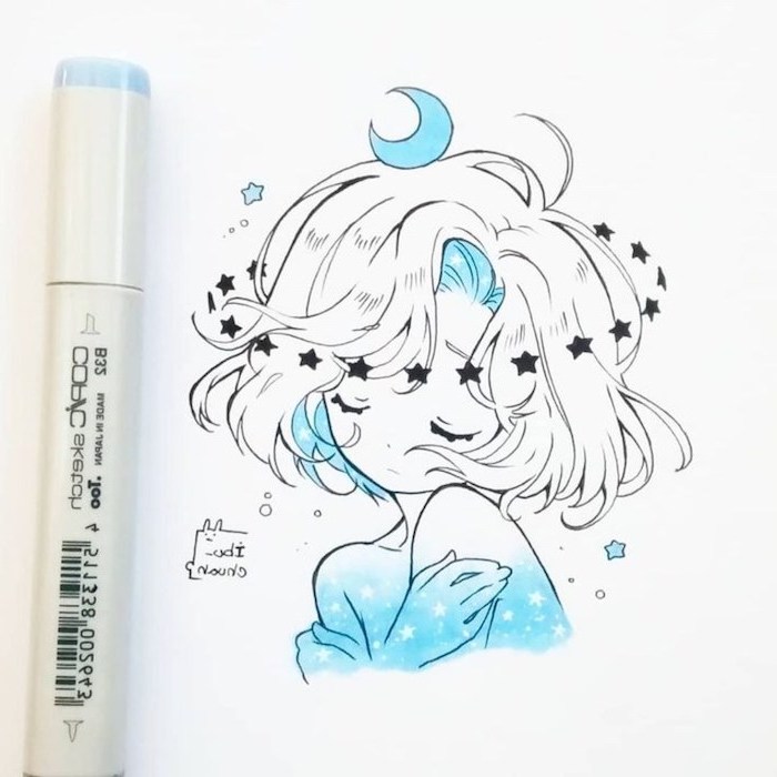 learn to draw anime, girl drawing, with black marker, stars and moon
