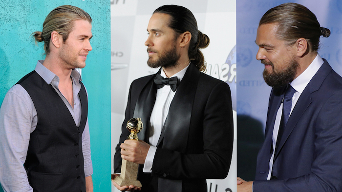 photo collage, hairstyles for men, chris hemsworth, jared leto, leonardo dicaprio, with man buns
