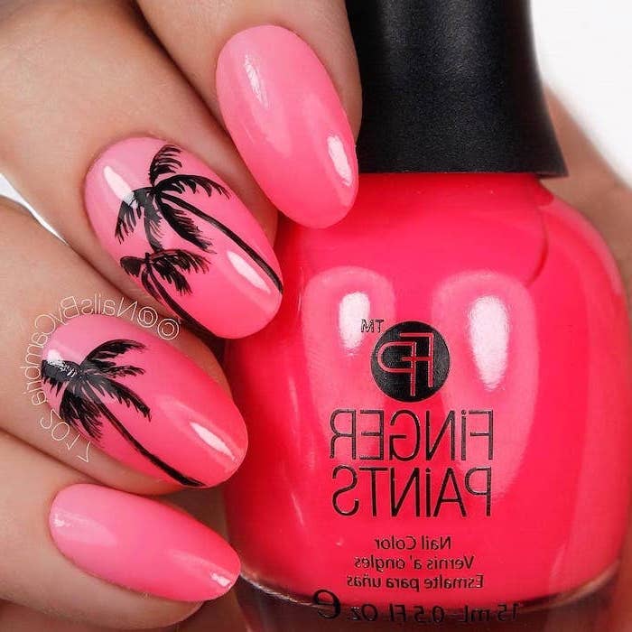 pink nail polish, black palm trees, spring nail designs, nail polish bottle