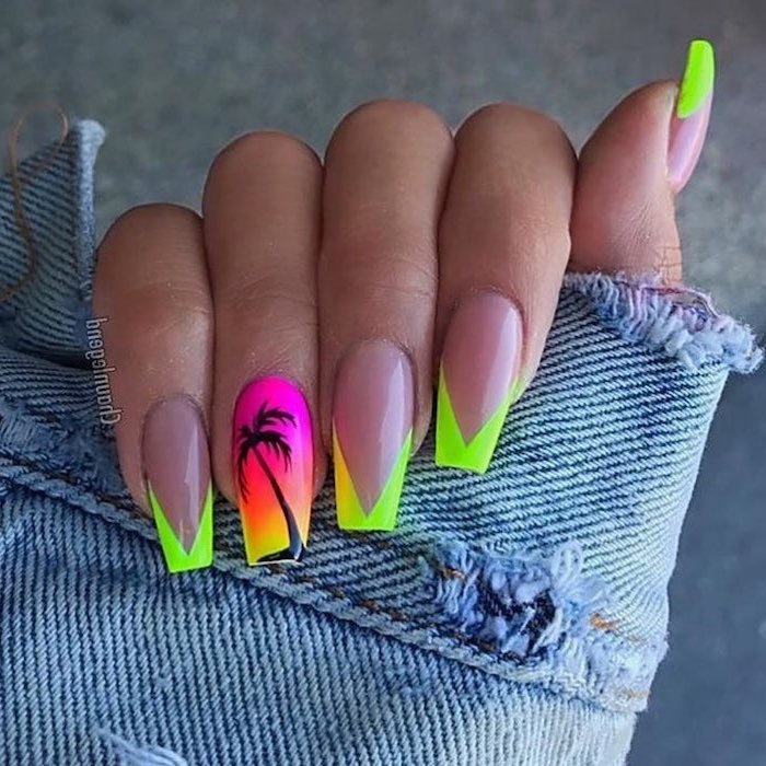 green and yellow, pink and orange, neon nail polish, nail tip designs, black palm tree, long coffin nails