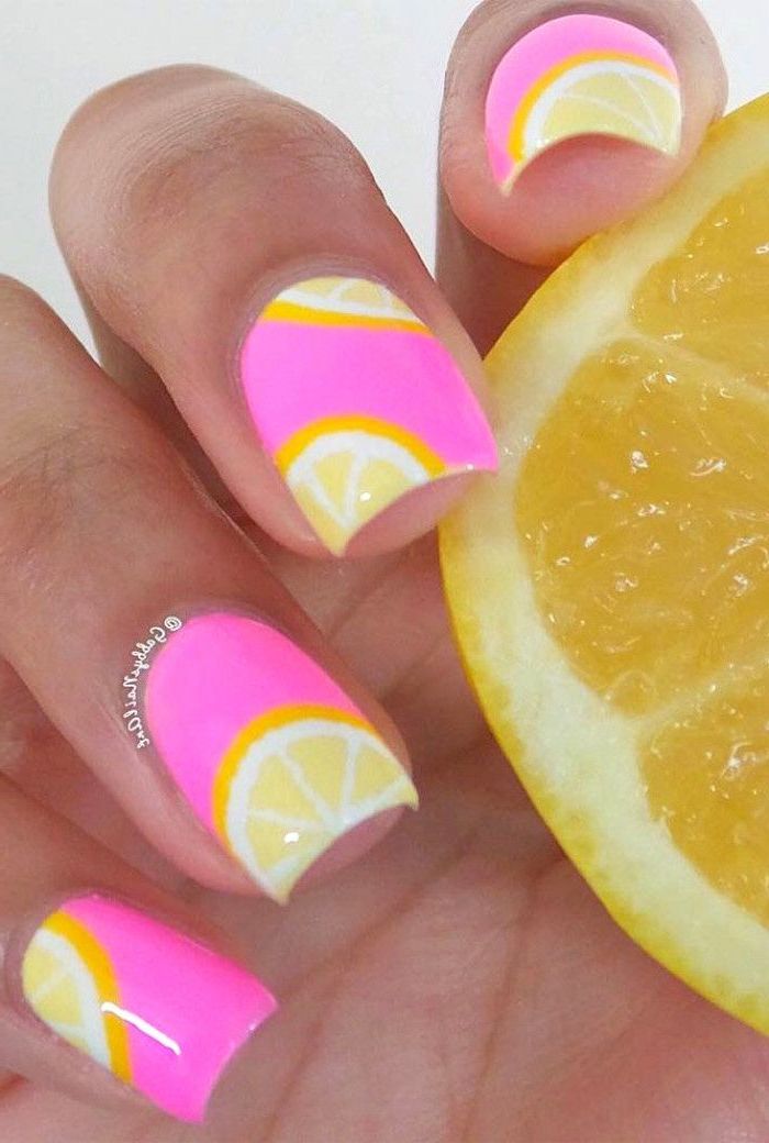 pink nail polish, lemon slices drawing, nail tip designs, white background, short nails