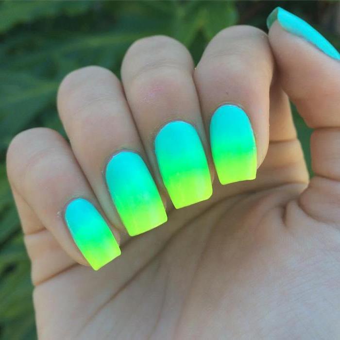 blue green and yellow, neon nail polish, ombre effect, coffin nail ideas, blurred background