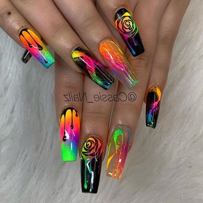 long coffin nails, coffin nail ideas, abstract design, colorful nail polishes, neon colors