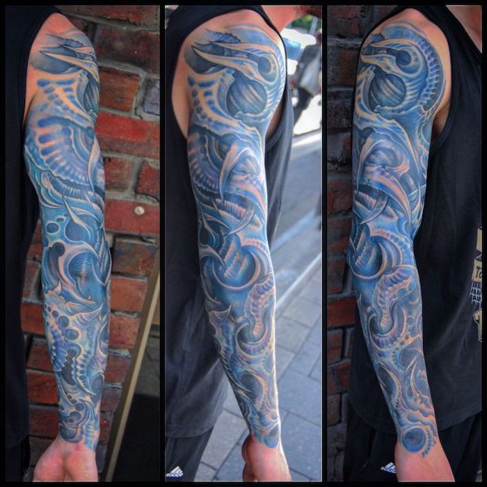 brick wall, ocean waves, biomechanical coloured, sleeve tattoo designs, black top