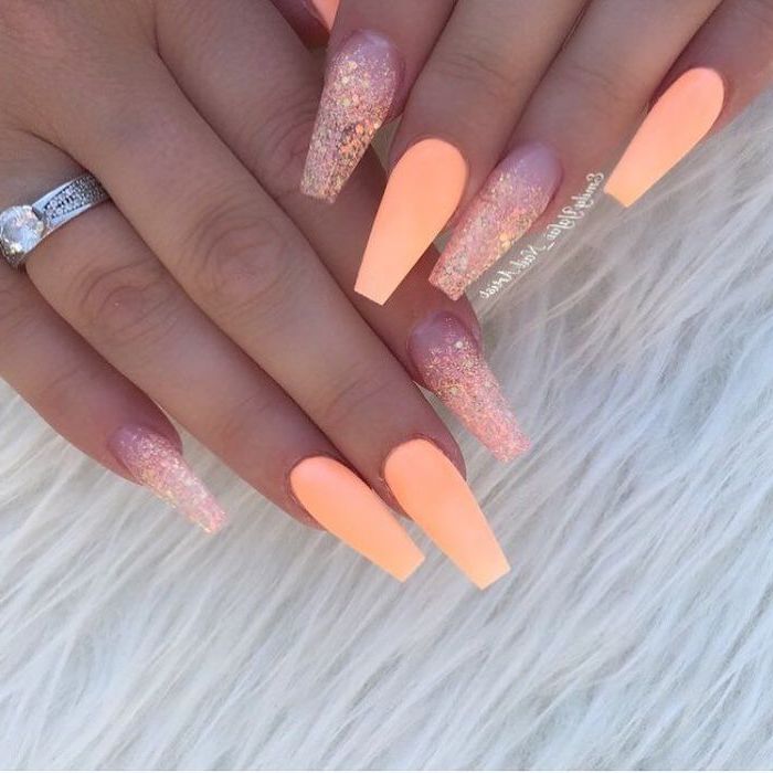 orange nail polish, orange sequins, long coffin nails, summer acrylic nails, white background