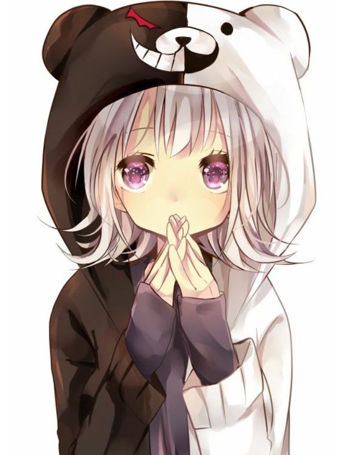 black and white, panda hoodie, colourful drawing, anime girl face, purple eyes