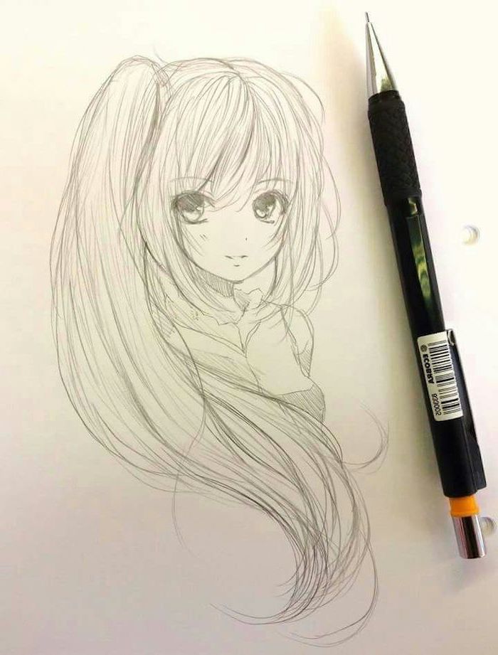 anime girl face, black and white, pencil sketch, girl drawing