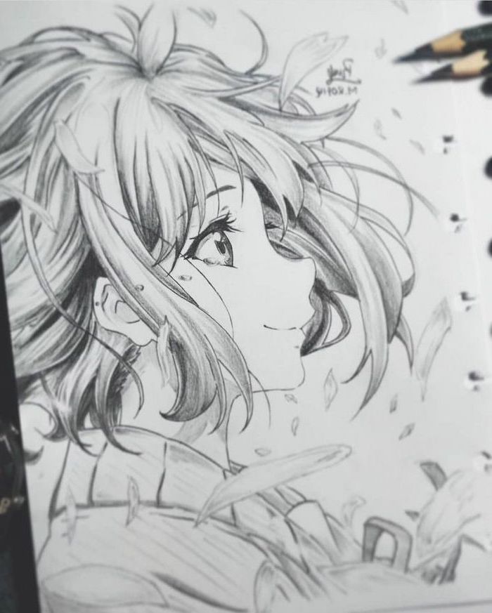 girl drawing, anime girl face, black and white, pencil sketch