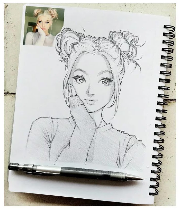 drawn from photo, girl drawing easy, black and white, pencil sketch