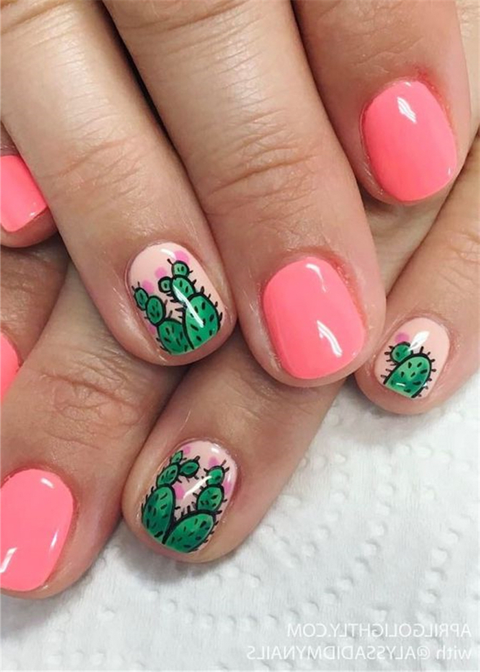 pink nail polish, green cactuses, nail design ideas, short nails, white background