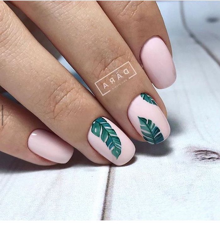 pink nail polish, green palm leaves, short nails, beach nail designs, white background