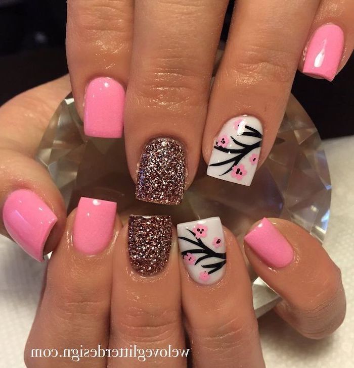 pink and white nail polish, pink glitter, beach nail designs, blossoming tree branch