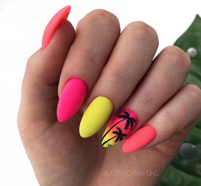 orange pink and yellow, neon nail polish, beach nail designs, black palm trees, at sunset