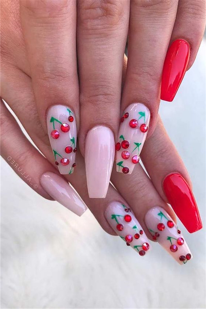 red and pink, nail polish, cherries made with red rhinestones, cute short nails, white background