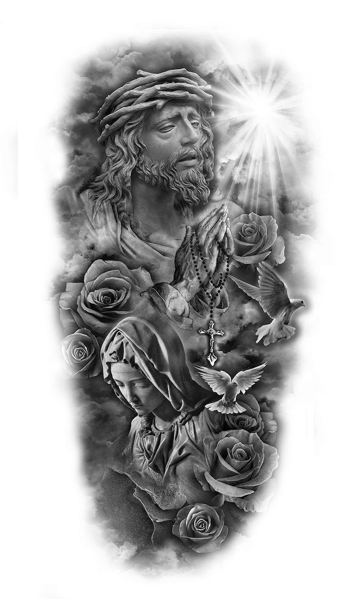 religious theme, black and white sketch, forearm sleeve tattoo