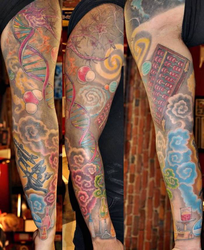 science theme, coloured tattoo, female half sleeve tattoos, brick wall