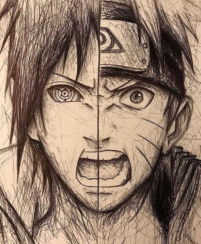 split drawing, black and white, pencil sketch, how to draw manga, anime characters