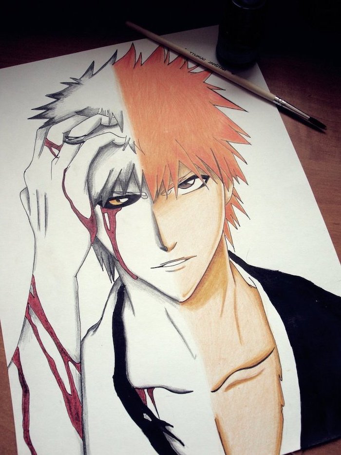 anime sketch, split drawing, boy drawing, red hair, red streaks, black jacket, colourful drawing