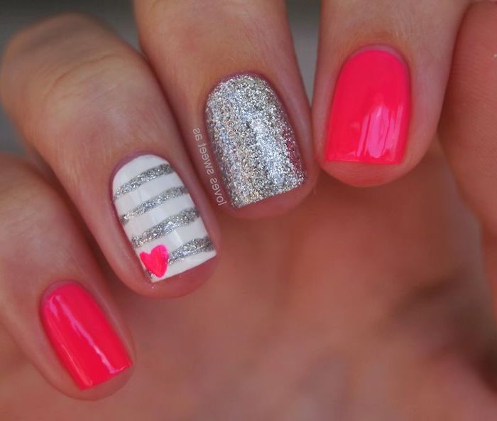 pink and silver glitter, nail polish, small pink heart, nude nail designs, white and silver stripes