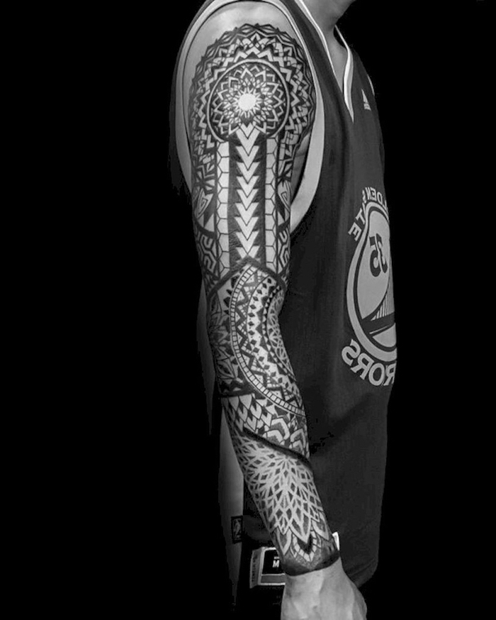 tribal tattoo, sleeve tattoos for guys, black background, black top