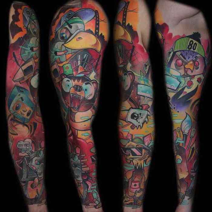 new school tattoo, animated characters, sleeve tattoos for guys, black background