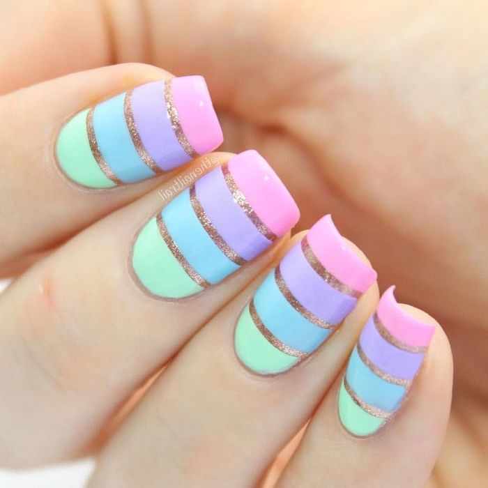cool nail designs, green and blue, purple and pink, gold glitter lines