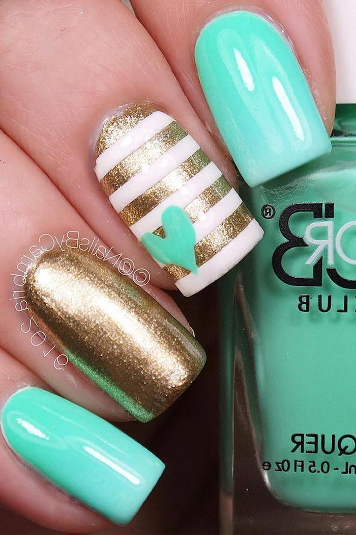 turquoise and gold glitter, nail polish, cute simple nails, white and gold stripes, small turquoise heart