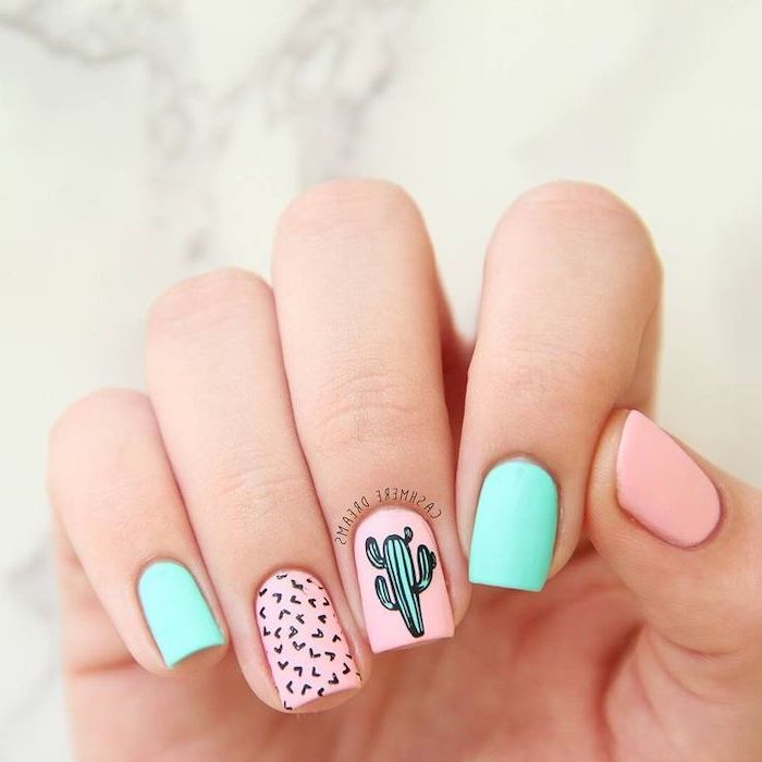 pink and blue, nail polish, green cactus, black hearts, cool nail designs