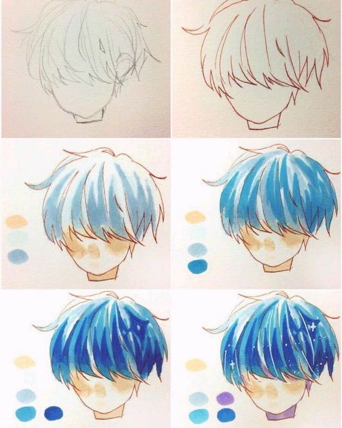 blue hair, step by step, drawing tutorial, anime sketch