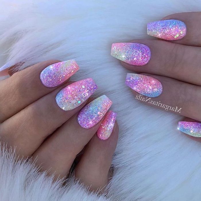 multi color glitter, nail polish, cool nail designs, unicorn nails, white background