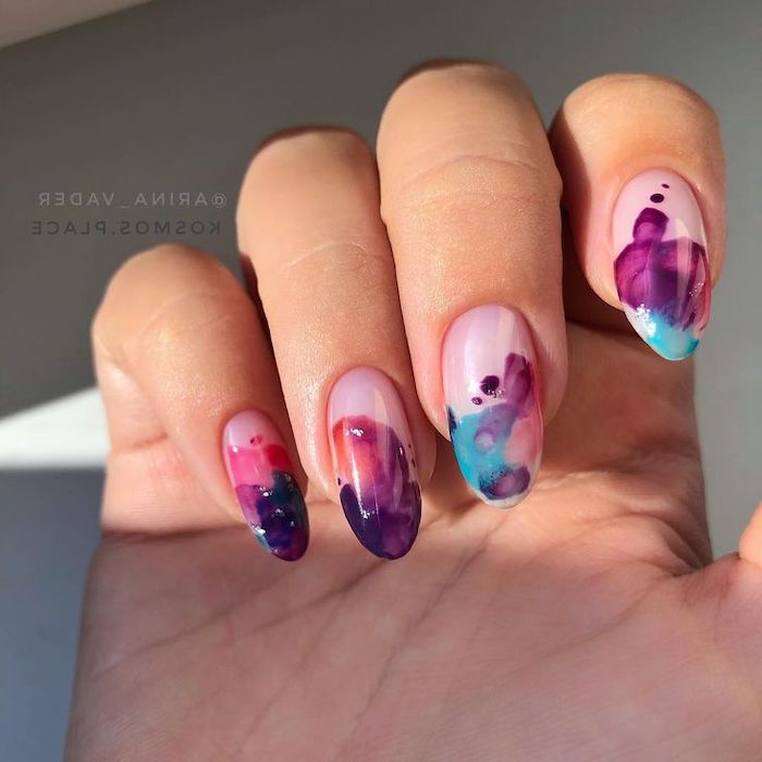 watercolor nails, cool nail designs, purple and red, blue and orange, squoval nails