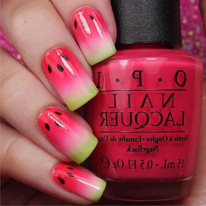 watermelon nails, pink and green ombre, black seeds, nail polish bottle, cute simple nails