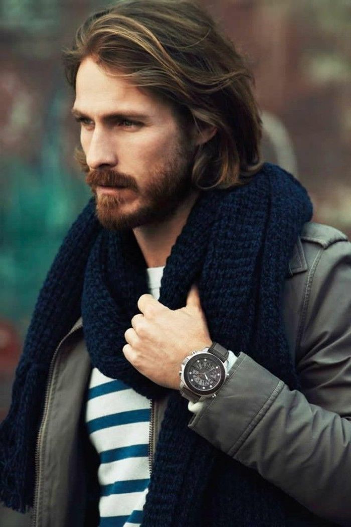 brown hair, navu blue scarf, wavy hairstyles for men, grey leather jacket, blue and white striped shirt