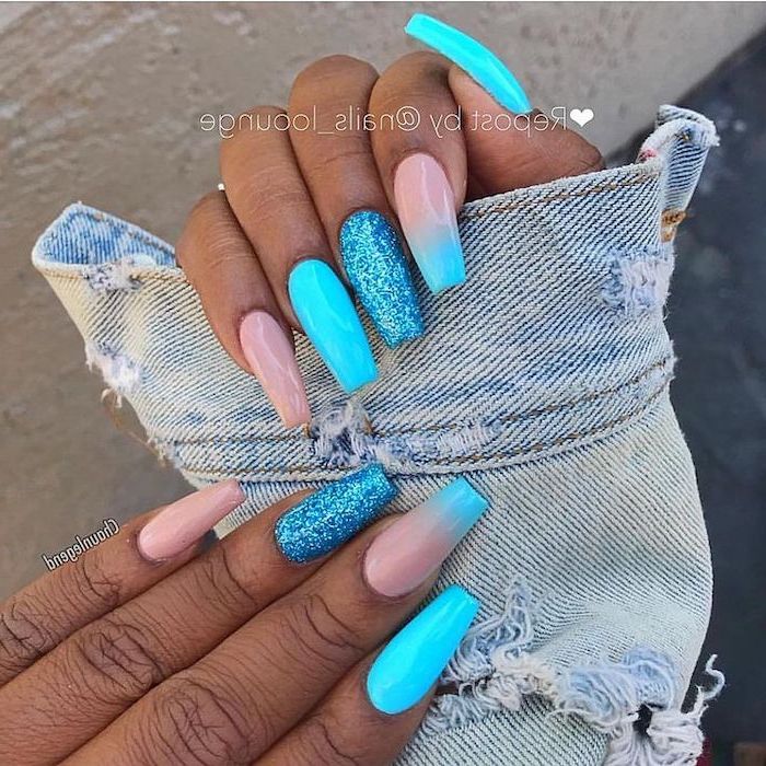 blue and nude, ombre effect, blue glitter, nail polish, cute simple nails, long coffin nails