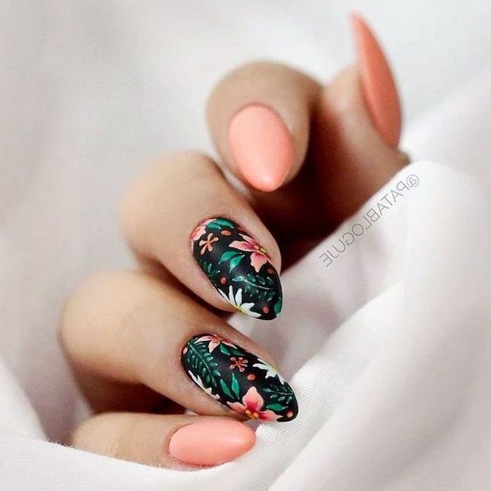 light pink, blue matter, nail polish, classy nail designs, orange and white flowers, green leaves