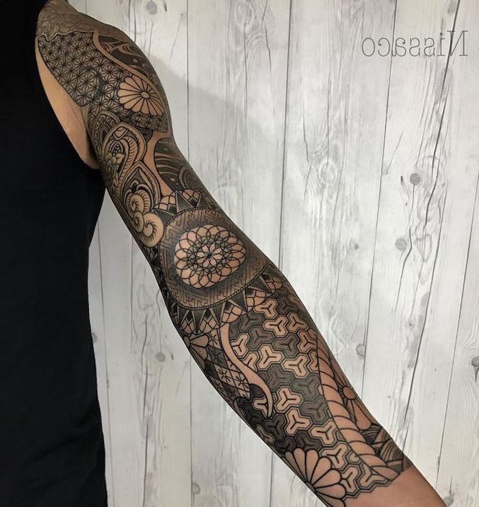 half sleeve tattoo ideas, tribal tattoo, wooden background, black top