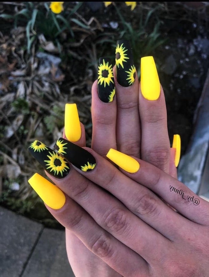 yellow and black, matte nail polish, yellow sunflowers, cute gel nails, long coffin nails