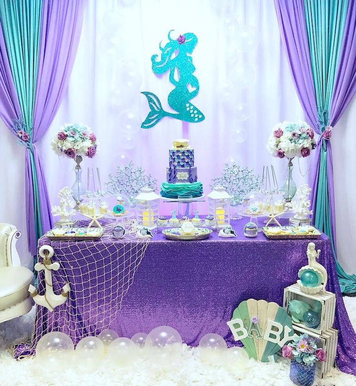mermaid theme, baby shower ideas for girls, purple and turquoise decorations, dessert table, large flower bouquets