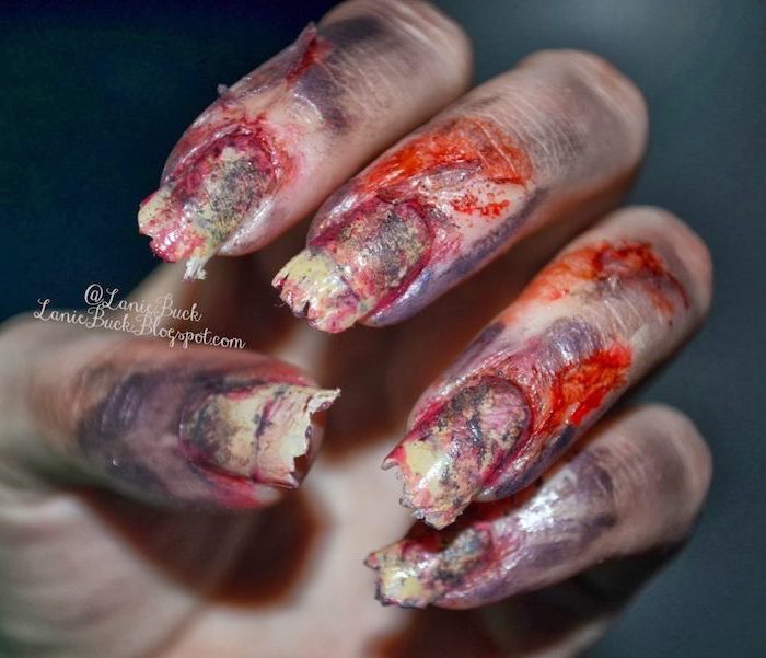 back from the grave, scary nails, candy corn nails, bloody nails, white and red nail polish, black background