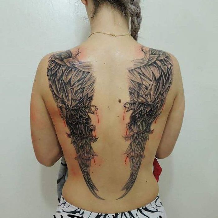 bleeding angel wings, covered in barbed wire, back tattoo, heaven tattoos, white background