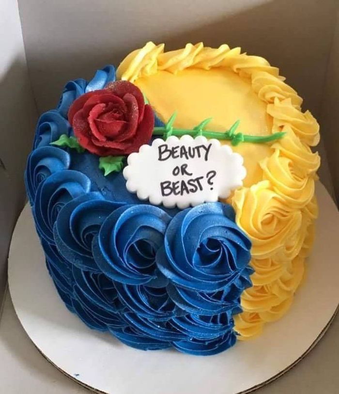 beauty or beast, blue and yellow frosting, unique gender reveal ideas, red rose on top