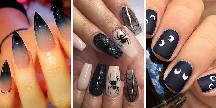 side by side photos, halloween acrylic nails, different designs, black nail polish, ombre nails, different decorations