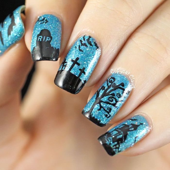 blue glitter nail polish, cemetery decorations, halloween acrylic nails, squoval nails, haunted house