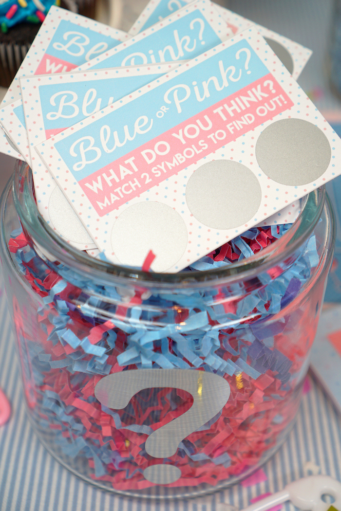 gender reveal games, blue or pink, what do you think, scratch cards, jar full of confetti