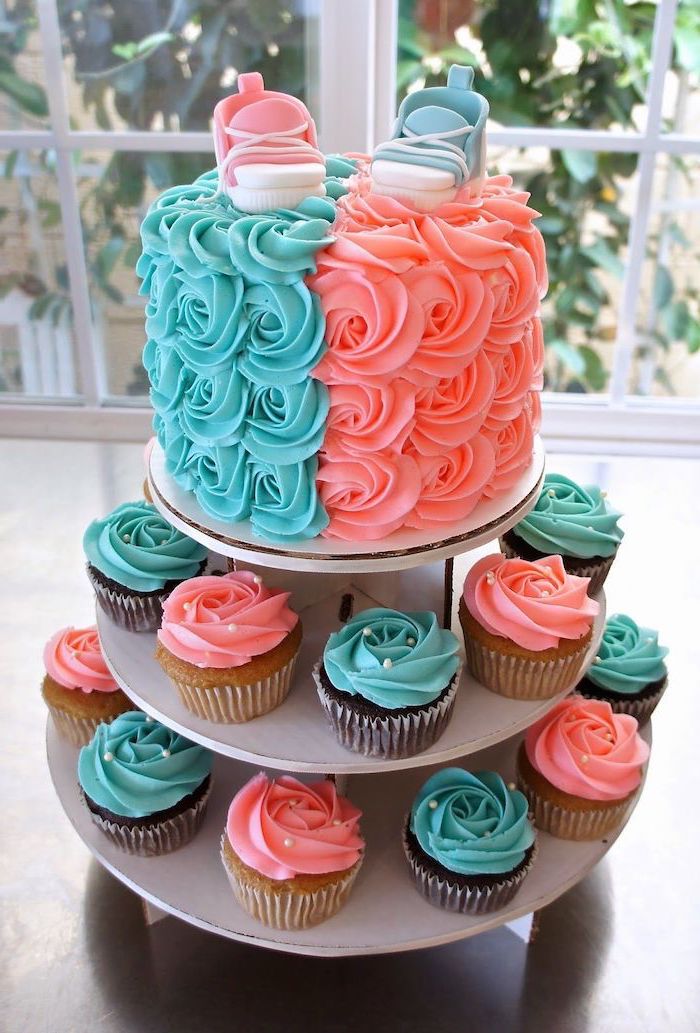 cake and cupcakes, with blue and pink frosting, gender reveal ideas, pink and blue sneakers, cake topper